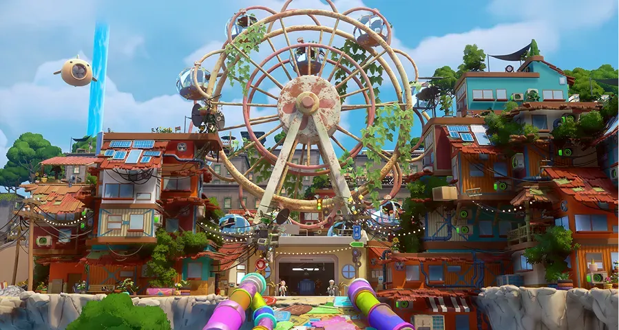 Buildings, walkways and a Ferris wheel in Gridfall