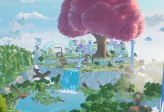 The pink tree and waterfalls of the Hanging Gardens