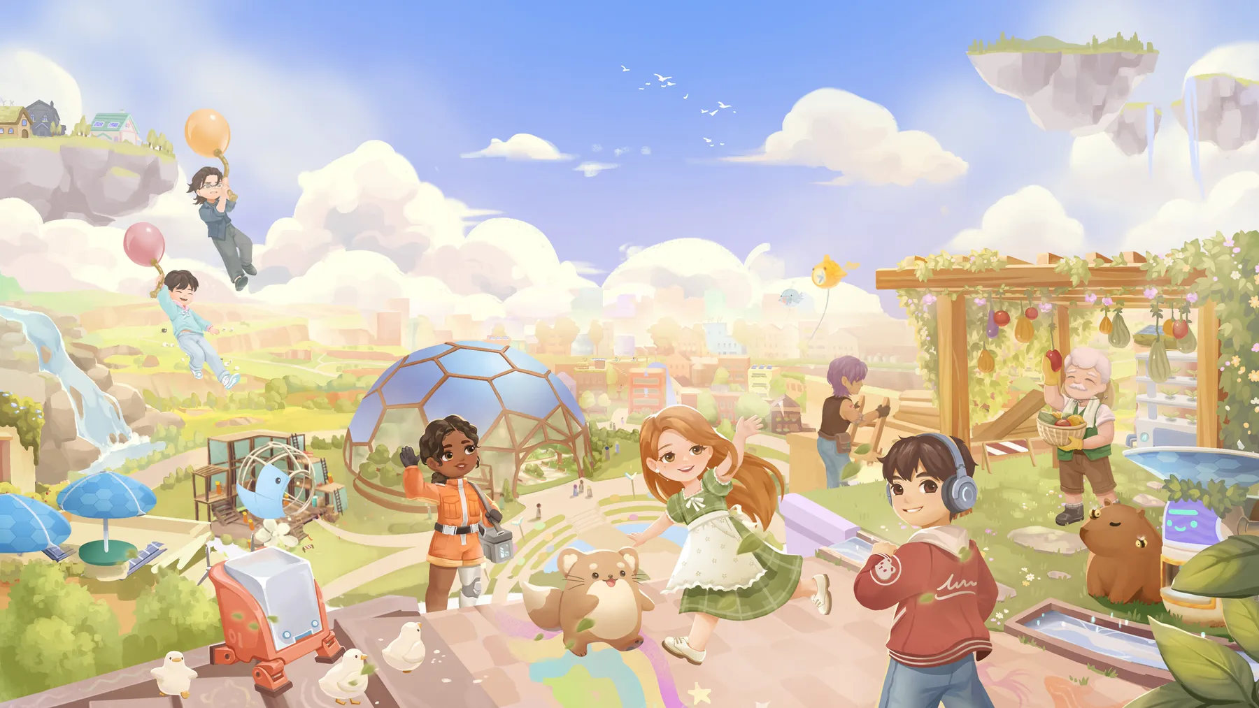Official Loftia artwork with players, gardens and floating islands beneath a bright sky